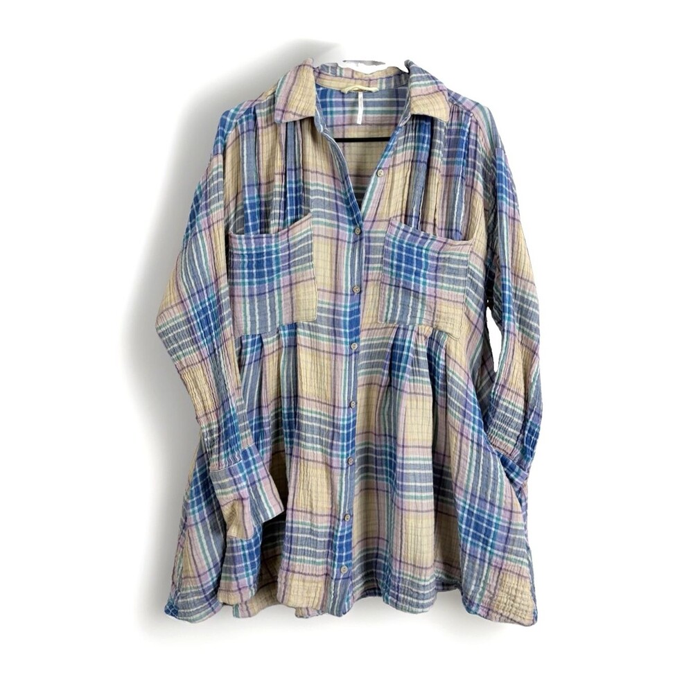 free people voyage plaid oversized shirt dress xs boho shacket cottagecore soft